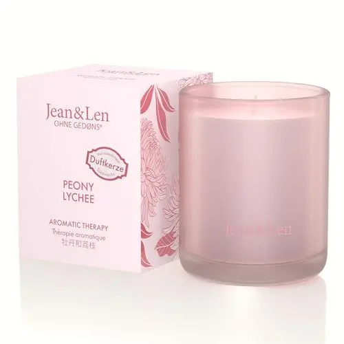 Produktbild: Jean & Len Aromatic Therapy Peony & Lychee, natürliche Sojawachskerze, zarter-floraler Duft, Brenndauer 4 hrs, Duftkerze im Glas, 120 gr