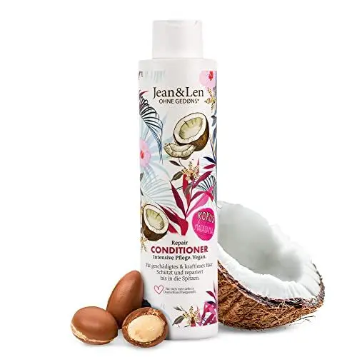 Produktbild: Jean & Len Conditioner Repair Kokos & Macadamia, für geschädigtes und kraftloses Haar, repariert Haarschäden, verleiht Geschmeidigkeit, Kokos-Duft, ohne Parabene & Silikone, vegan 300 ml