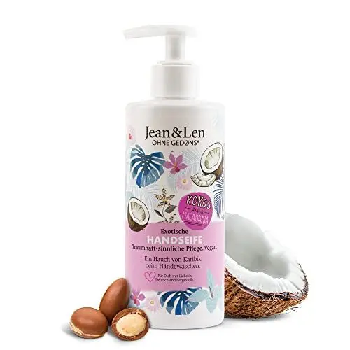 Produktbild: Jean & Len Exotische Handseife Kokos & Macadamia, reinigt die Hände sanft, Flüssigseife im Pumpspender, sorgt für ein geschmeidiges Hautgefühl, exotischer Duft, ohne Parabene & Silikone, vegan, 250 ml