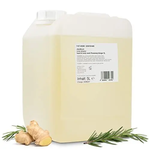 Produktbild: Jean & Len Hand & Body Wash Rosemary und Ginger im Kanister, reinigt und pflegt die Haut, würzig-frischer Duft, Flüssigseife im Nachfüllkanister, ohne Silikone, Parabene & Mikroplastik, 5L