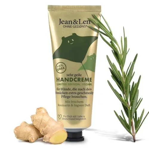 Produktbild: Jean & Len Sehr geile Handcreme Rosemary & Ginger, in der Weihnachtsedition, mit Urea, für trockene Hände, spendet Feuchtigkeit & pflegt intensiv, ohne Parabene & Silikone, Handcreme Tube, 75 ml