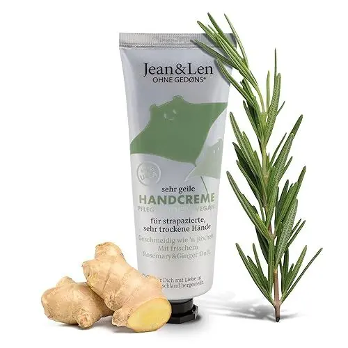 Produktbild: Jean & Len Sehr geile Handcreme Rosemary & Ginger, mit Urea, Handpflege für trockene und rissige Hände, spendet Feuchtigkeit und pflegt intensiv, ohne Parabene & Silikone, Handcreme Tube, vegan, 75 ml