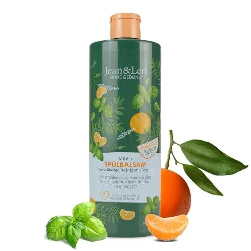 Produktbild: Jean & Len Spülbalsam Mandarine - Basilikum, zuverlässige Reinigung, für strahlend sauberes Geschirr, Geschirrspülmittel flüssig, ohne Mikroplastik & künstliche Farbstoffe, vegan, 500 ml
