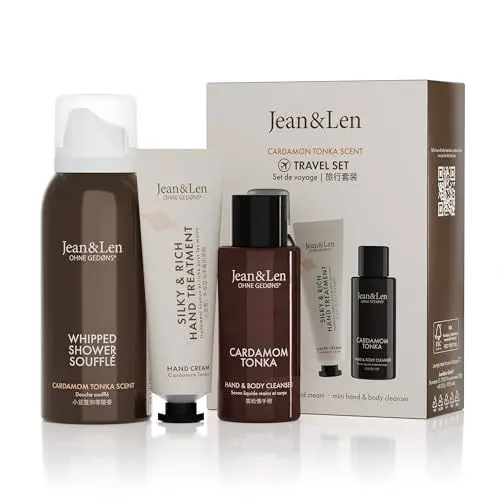 Produktbild: Jean & Len Travel Set Cardamom & Tonka, ideales kleines Geschenk oder Mitbringsel, Produkte für Körper und Geist, Verpackung ist FSC zertifiziert, kleine Reisegrößen, veganes Geschenkset