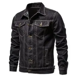 Produktbild: Jeanjacke Herren Regular Fit Vintage Classic Denim Übergangsjacke mit Umschlagkragen Einfache Mode Basic Stretch Jeans Jacke Outdoor Sweatjacke Arbeitsjacke Sportbekleidung Streetwear (Black,XL)