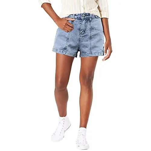 Produktbild: Jeans Damen Stretch High Waist 42 Lässige Denim-Shorts mit hohem Bund und seitlichem Reißverschluss, gerades Rohr, verstellbare Taillen-Shorts Damen Hose 𝐒ommer Jeans (Blue, L)