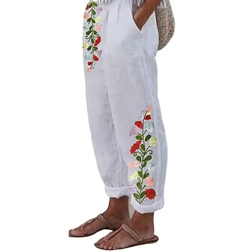 Produktbild: Jeans Hose Damen Stretch Weites Bein Womens Damen Sommerhose aus Leinen mit Blumenmuster, hohe elastische Taille, Strandhose mit Taschen, Übergröße Freizeithose Damen Schwarz Hoher Bund (White, M)