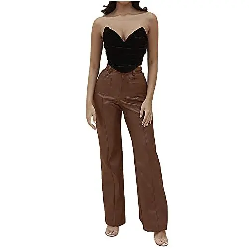 Produktbild: Jeans Hose Damen Stretch Weites Bein Womens Hose Frauen solide Farben-Modehose Zweitaschen sexy schlanke gerade Lederhose Elegante schlanke Hosenhose Anzughose Blau Damen Elegant Anzug (Brown, S)