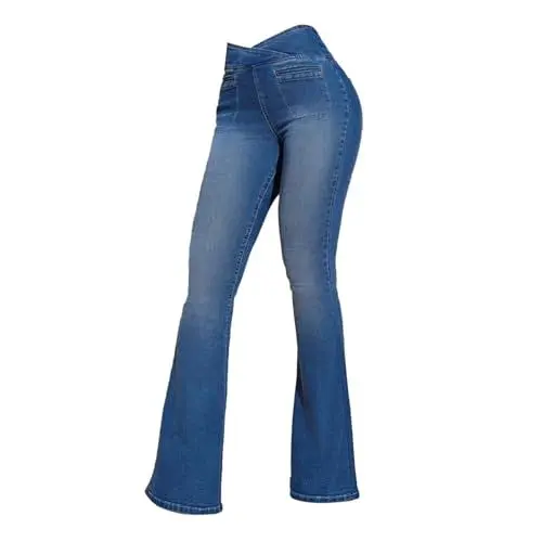 Produktbild: Jeans Mit Gummizug Damen Damen-Jeans mit V-Taille, Röhrenjeans, weites Bein, aufgesetzte Taschen, Denim-Hose High Waist Jeans Damen Jeans Hosen Frauen Weit (Blue, XL)