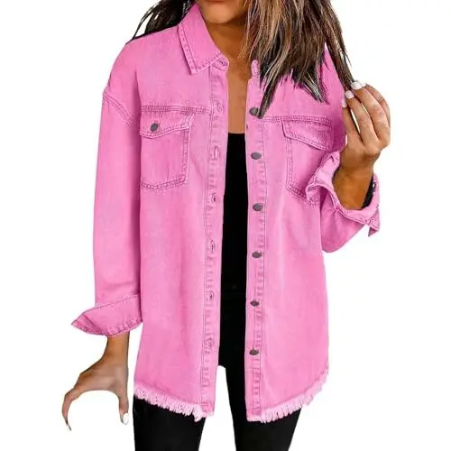 Produktbild: Jeansjacke Damen Grün, Regenmantel Damen Wasserdicht, Oversize Denim Jacke Frayed Hem Übergangsjacke Leichte Sommerjacke Jeansjacken Frühjahr Sommer Jacke Freizeitjacke, Black Friday Angebote