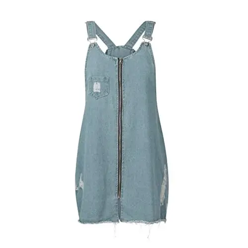 Produktbild: Jeanskleid Damen Sommer Kurz V Ausschnitt Trägerkleid Damen Jeans Reißverschluss Vorne Sommerkleid Damen Ärmellos Träger Kleider Damen Sommer Einfarbig Schick Sexy Kleid Damen Schöne Eng