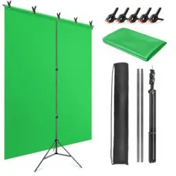 Produktbild: JEBUTU Greenscreen mit Ständer 1,5 x 2m, Verstellbarer Foto Hintergrund Ständer, Green Screen Stoff 1,5 x 2m mit 5 Klemme & Tragetasche für Chroma Key Streaming Gaming Fotoshooting Video Zoom