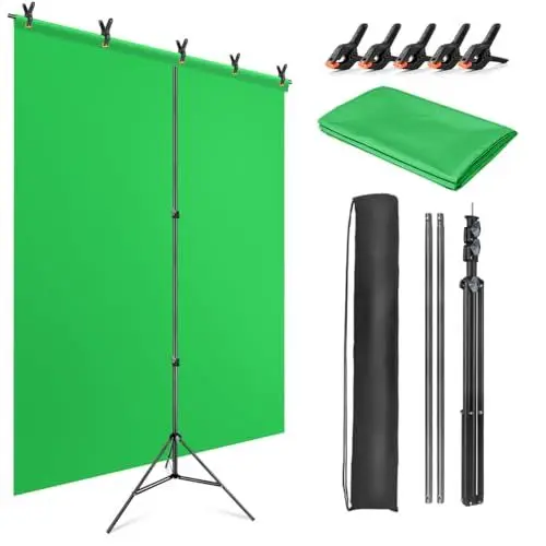 Produktbild: JEBUTU Greenscreen mit Ständer 1,5 x 2m, Verstellbarer Foto Hintergrund Ständer, Green Screen Stoff 1,5 x 2m mit 5 Klemme & Tragetasche für Chroma Key Streaming Gaming Fotoshooting Video Zoom
