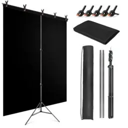 Produktbild: JEBUTU Foto Hintergrund Ständer 1,5 x 2m, Verstellbarer Hintergrund Ständer, Fotohintergrund Schwarz 1,5 x 2m mit 5 Klemme & Tragetasche für Streaming Fotoshooting Produkt Video Zoom Fotografie