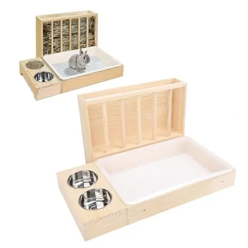 Produktbild: Jectse Hasen-Heu-Futterstation aus Holz, Katzentoilette, 2 Edelstahlnäpfe, Futterstation für Kaninchen, Meerschweinchen, Hamster, Chinchillas (40 X 8,6 X 28 cm)