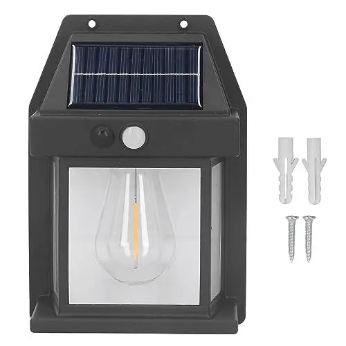 Produktbild: Jectse Solar-Wolframdraht-Wandleuchte, Externe Bewegungsmelder-Lampe mit 120° Induktionswinkel, IP65 Wasserdicht für Außenhof, Veranda, Garten, Garage, Wand, Zaun (BLACK)