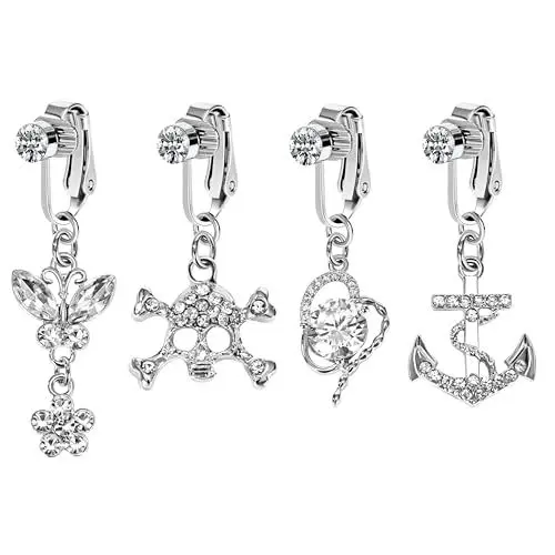 Produktbild: Jeesblsy Clip On Bauchnabel Piercing 4 PCS, Fake Belly Piercing CZ Chirurgenstahl mit Dangle Zirkonia, Anhänger Piercing Bauchnabel Schmuck für Frauen Mädchen Damen