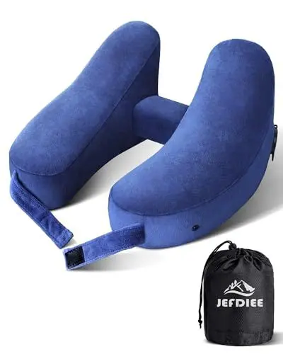 Produktbild: JefDiee Reisekissen Nackenkissen | Aufblasbares Nackenkissen für Flugzeug | Erwachsene Nackenhörnchen - Schnelles aufblasbares Kissen mit Kopfstütze, Hut, Luxustasche, Blau