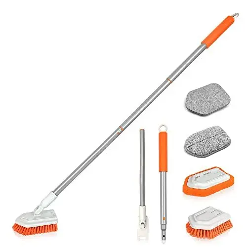 Produktbild: JEHONN 4-in-1 Duschschrubber, Schrubber mit Langem Stiel Reinigungsbürste Bad, 4 Verschiedene Funktionen Schrubbbürstenaufsätze für Bad, Badewanne, Boden, Wand, Fußleiste