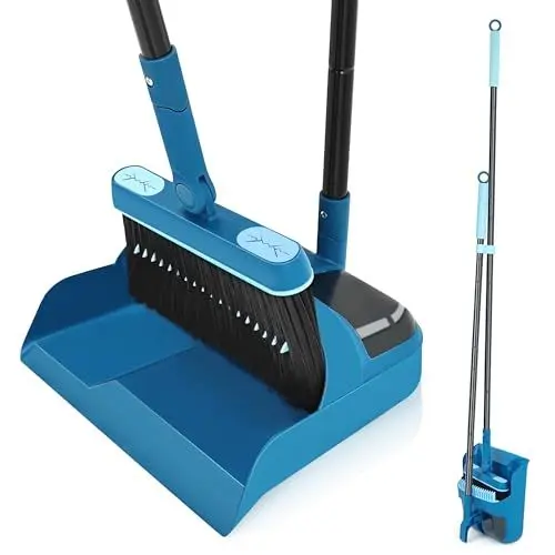 Produktbild: Besen und Kehrschaufel Set mit Langem Stiel 138CM, 180 Grad Drehbar Camping Kehrbesen Innen und Schaufel für Vorzelt, Haus, Büro, Lobby, Terrasse (Blau)