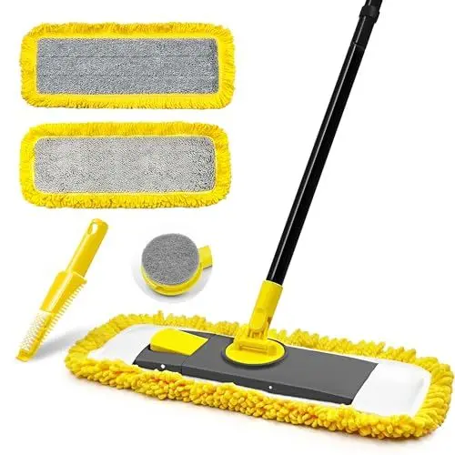 Produktbild: JHHONN Bodenwischer Wischmopp mit Mikrofaser & Chenille Pads, 127 cm Teleskopstiel Wischer Boden für Hartholz Laminat Fliesen Vinyl Küche Bad Haus (Gelb)
