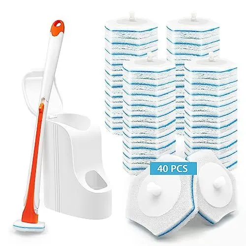 Produktbild: JEHONN Einweg Toilettenbürste, Klobürste mit 40 Stück Reiniger Nachfüllungen Schwamm, WC Bürste Reinigungsmittel für Waschbecken Badewanne Waschbecken Mop Pool (Orange)