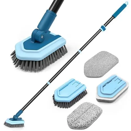Produktbild: JEHONN Schrubber mit Stiel, Reinigungsbürste Bad mit Teleskopstange 130 cm, 4 Verschiedene Schwamm Bürste für Terrasse, Fliesen, Badewanne (Blau)