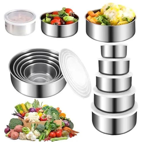 Produktbild: Jeinbuil Edelstahl Schüssel mit Deckel 5 Stück Rührschüssel Salatschüssel Set (280ml+450ml+730ml+1080ml+1580ml) Stapelbar zum Kochen Mischen Verrühren Servieren