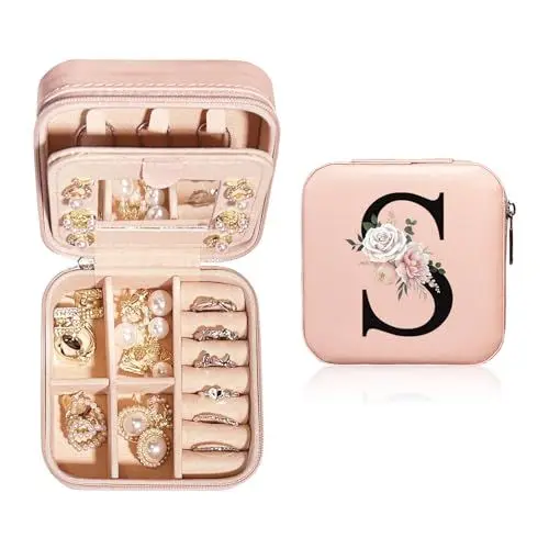 Produktbild: JEKUGOT Personalisierte Schmuckschatulle, klein, Reise-Schmuckschatulle mit Spiegel, Reise-Schmuck-Organizer, Aufbewahrungsbox, Geburtstagsgeschenk für Frauen, Mütter und Freunde (A), PVC, Flanell