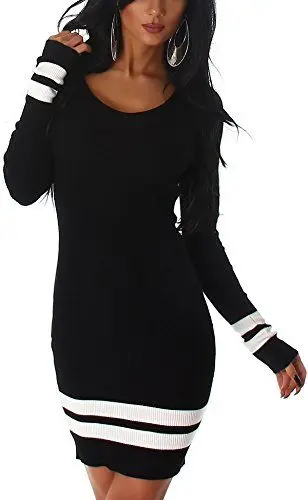 Produktbild: Jela London Damen Feinstrick Strickkleid Stretchkleid Pulloverkleid Longpullover Midi Feinripp Streifen Langarm, Schwarz 36-38