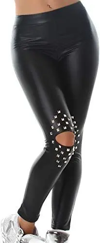 Produktbild: Jela London Damen Wetlook Kunst-Leder Leggings Samt Schwarz Flach-Nieten Knie-Cut Hoher Bund High-Waist Taillenhose 36 38 (M)
