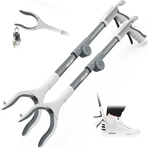 Produktbild: Jellas 2 Stück Faltbare Greifer mit Schuhlöffel, 0°- 180° abgewinkelter Arm, 80cm Langer Greif-Werkzeug mit Magnetspitzen für die Müllabfuhr, Abfallsammlung, Armverlängerung (Grau)