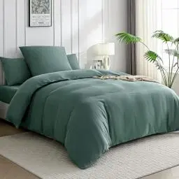 Produktbild: JELLYMONI Bettwäsche 155x200 Baumwolle Bettwäsche-Sets Dunkelgrün Oeko-Tex 100% Gewaschene Baumwolle Bettbezug mit Reißverschluss und Kissenbezug 80X80 mit Umschlag Weich 2-Teilige Bettwäsche