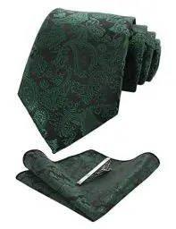 Produktbild: JEMYGINS Dunkelgrün krawatte Grün Seide Paisley Herren Krawatten und Einstecktuch mit krawattenklammer Sets (2)