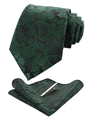 Produktbild: JEMYGINS Dunkelgrün krawatte Grün Seide Paisley Herren Krawatten und Einstecktuch mit krawattenklammer Sets (2)
