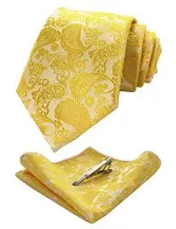 Produktbild: JEMYGINS Gelb krawatte Paisley Seide Herren Krawatten und Einstecktuch mit krawattenklammer Sets (5)