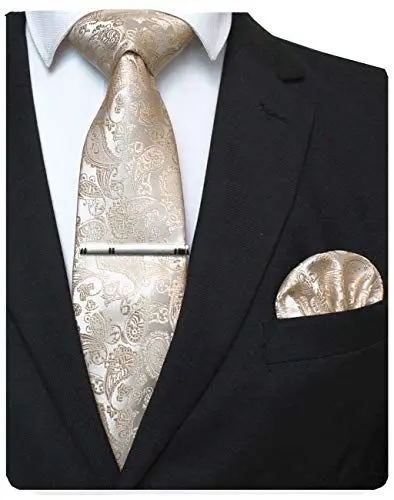 Produktbild: JEMYGINS Gold krawatte Paisley Seide Herren Krawatten und Einstecktuch mit krawattenklammer Sets (4)