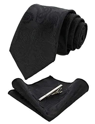 Produktbild: JEMYGINS Graziös Paisley Elegant Herren Krawatte und Einstecktuch mit krawattenklammer Sets (Reines Schwarz)