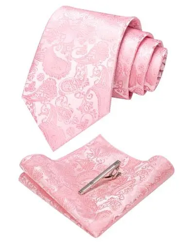 Produktbild: JEMYGINS Hell-Pink krawatte Paisley Seide Herren Krawatten und Einstecktuch mit krawattenklammer Sets