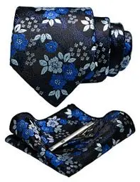 Produktbild: JEMYGINS Herren Blumen Krawatten und Einstecktuch Sets mit Krawattenklammer in verschiedenen Farben erhältlich,Schwarz Blau