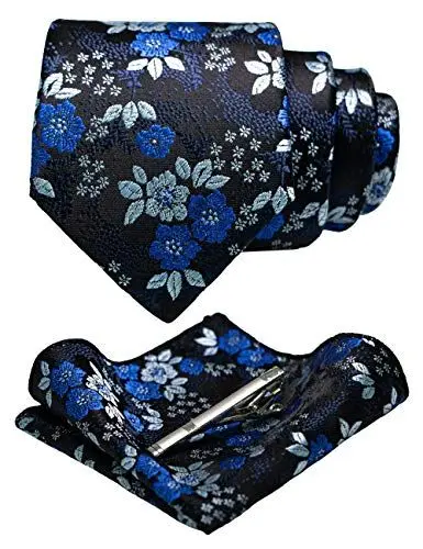 Produktbild: JEMYGINS Herren Blumen Krawatten und Einstecktuch Sets mit Krawattenklammer in verschiedenen Farben erhältlich,Schwarz Blau