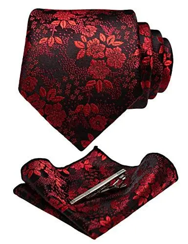 Produktbild: JEMYGINS Herren Blumen Krawatten und Einstecktuch Sets mit Krawattenklammer in verschiedenen Farben erhältlich,Schwarz Rot