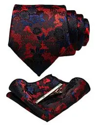 Produktbild: JEMYGINS Herren Blumen Krawatten und Einstecktuch Sets mit Krawattenklammer in verschiedenen Farben erhältlich,rot/marineblau/schwarz