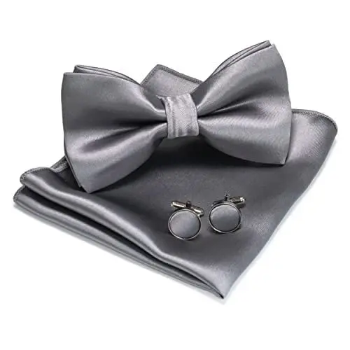Produktbild: JEMYGINS Herren Fliege Grau4 Satin Fliege und Einstecktuch mit Manschettenknöpfe Sets
