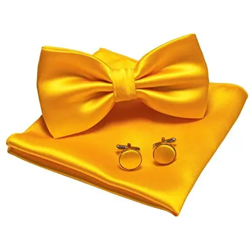Produktbild: JEMYGINS Herren Fliege Leuchtendes Gelb5 Satin Fliege und Einstecktuch mit Manschettenknöpfe Sets