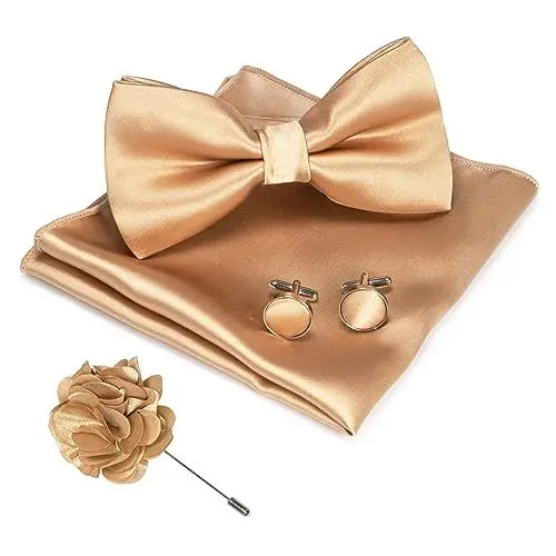Produktbild: JEMYGINS Herren Fliege Satin Champagner Gold (6) Fliege und Einstecktuch mit Manschettenknöpfe Brustblume Sets