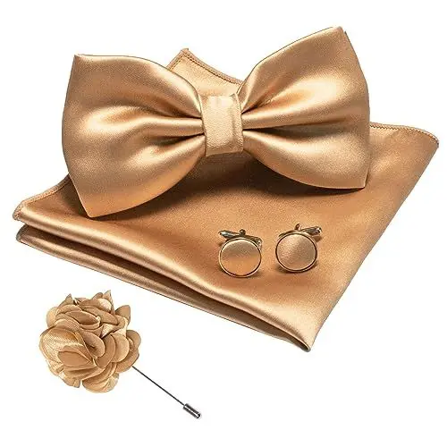 Produktbild: JEMYGINS Herren Fliege Satin Champagner Gold (7) Fliege und Einstecktuch mit Manschettenknöpfe Brustblume Sets
