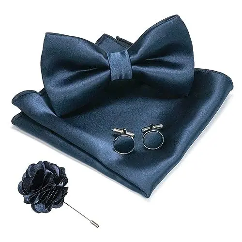 Produktbild: JEMYGINS Herren Fliege Satin Hellblau (6) Fliege und Einstecktuch mit Manschettenknöpfe Brustblume Sets