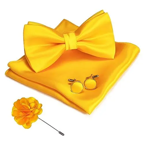 Produktbild: JEMYGINS Herren Fliege Satin Hellgelb (6) Fliege und Einstecktuch mit Manschettenknöpfe Brustblume Sets