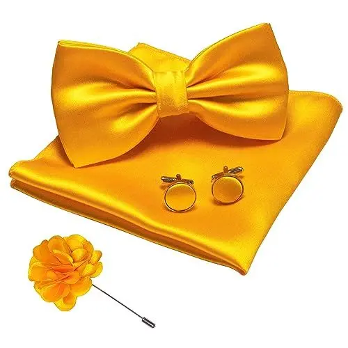 Produktbild: JEMYGINS Herren Fliege Satin Hellgelb (7) Fliege und Einstecktuch mit Manschettenknöpfe Brustblume Sets